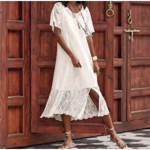 Johnny Was Dresses & Skirts - Jade by Johnny Was Cream Lace Maxi Dress Pom Pom Flutter Sleeve XL L37719-1